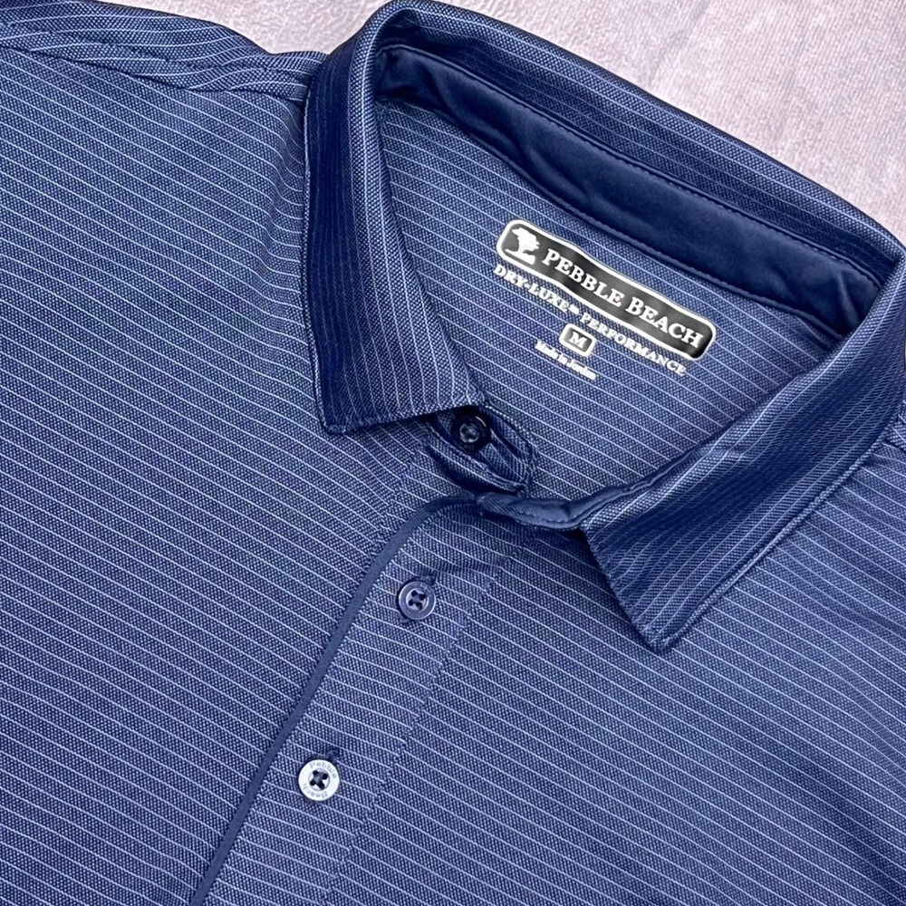 Pebble Beach Polo Shirt Mens Medium Navy Blue Excellent Dry-Luxe Striped Golf